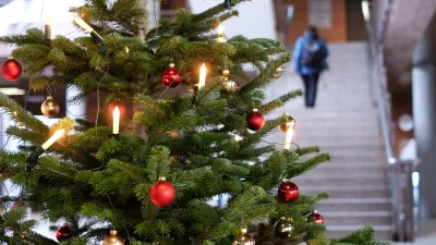 RWU-Weihnachtsbaum 2020 mit Person im Hintergrund