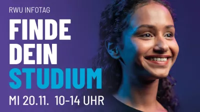 Das Plakat zum Studieninfotag an der RWU 2024. Darauf eine Studentin sowie das Datum der Veranstaltung, der 20. November.