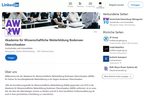 Screenshot der LinkedIn-Seite der Akademie für Wissenschaftliche Weiterbildung Bodensee-Oberschwaben (AWW)