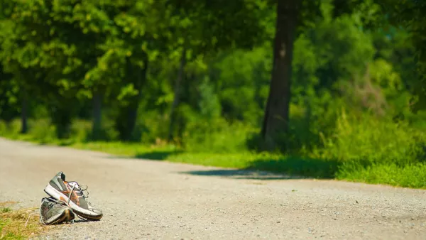 Ein paar Turnschuhe auf einem sonnigen Waldweg