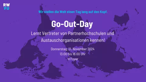 Werbung für den Go-Out-Day mit umgedrehter Weltkarte im RWU-Layout